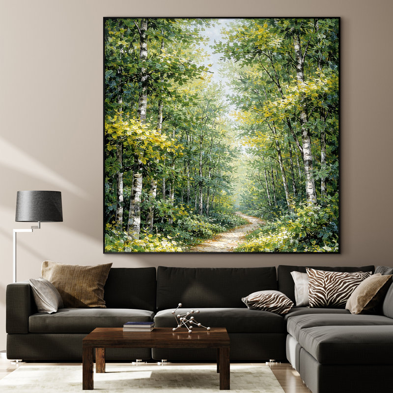 Très grand art mural imprimé sur un sentier forestier ensoleillé entouré de bouleaux verts luxuriants pour le salon ou la chambre à coucher - «Assemblage requis du cadre (cadre non fini)»