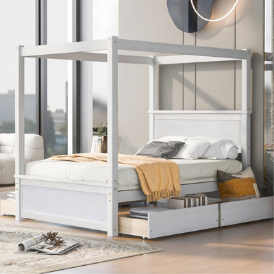 Lit plateforme à baldaquin en bois massif - Conception intemporelle pour toute chambre à coucher Le blanc brossé rehausse le style de votre chambre à coucher