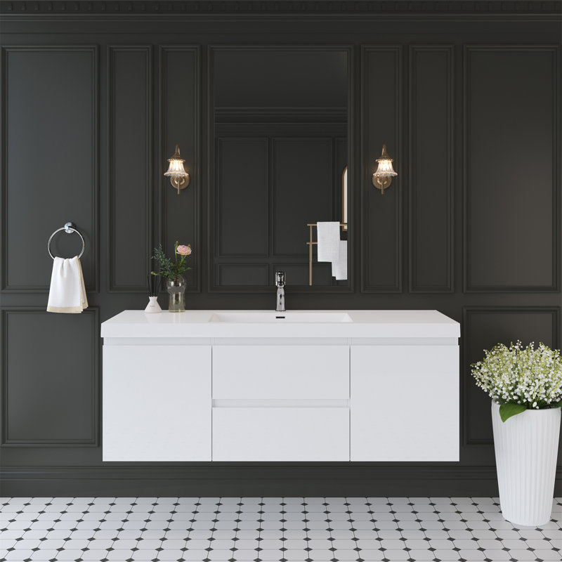 Meuble-lavabo flottant 60 po avec lavabo, Blanc lustré, 60"