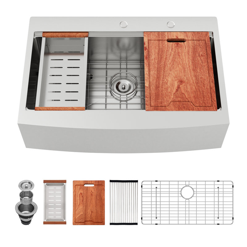 33"L x 22"W Farmhouse Workstation Kitchen Sink 16 Gauge Stainless Steel Kitchen Sink Apron Front Sink