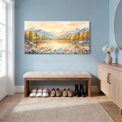 Tableau sur toile tendue représentant un paysage automnal de lac avec montagnes et nénuphars (lot de 1)