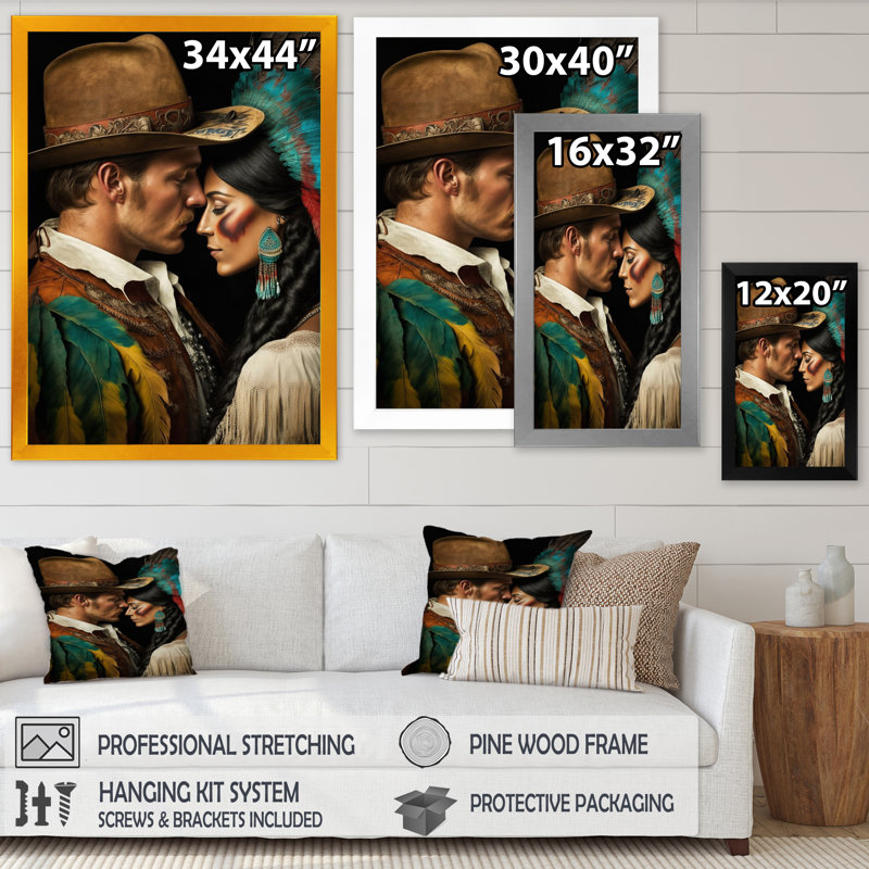 «Cowboy And An Indian Woman In Love I», reproduction sur toile, H 44 po x l 34 po x P 1,5 po