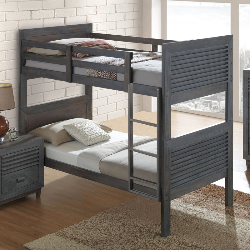 Lit superposé simple au-dessus d'un lit superposé en bois massif brun anthracite réversible, conception à lattes, tête de lit à panneaux et insert et serrure, centre de chambre à coucher de style transitionnel en bois franc, tête de lit, joint pour agencement