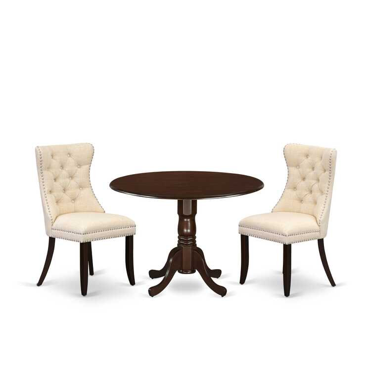 3-Piece Antique Walnut Finish Solid Wood Top-Round Upholstered Dining Room Set with Dropleaf-Seats 4, Mahogany, Beige