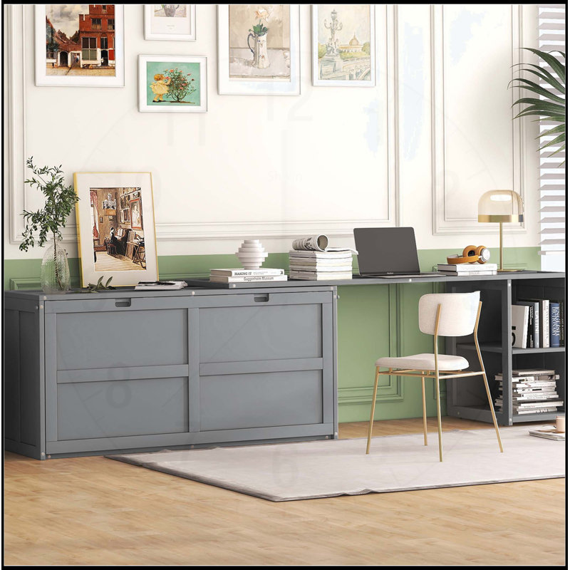 Grand lit escamotable avec bureau rotatif, gris