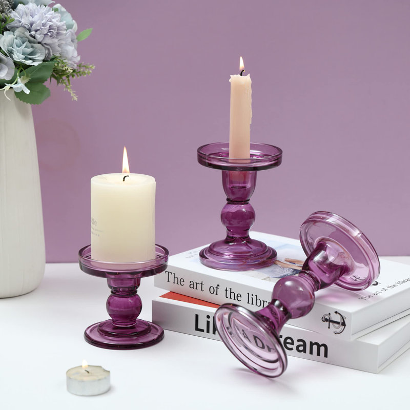 Ensemble de porte-bougies en verre 3 pièces, Mauve