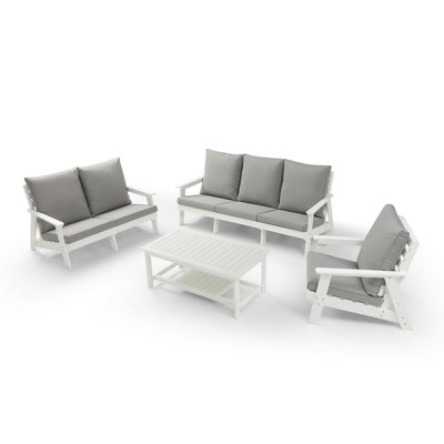 Loveseat With Cushion, Wood Grain Outdoor Garden Sofa,White/Grey
