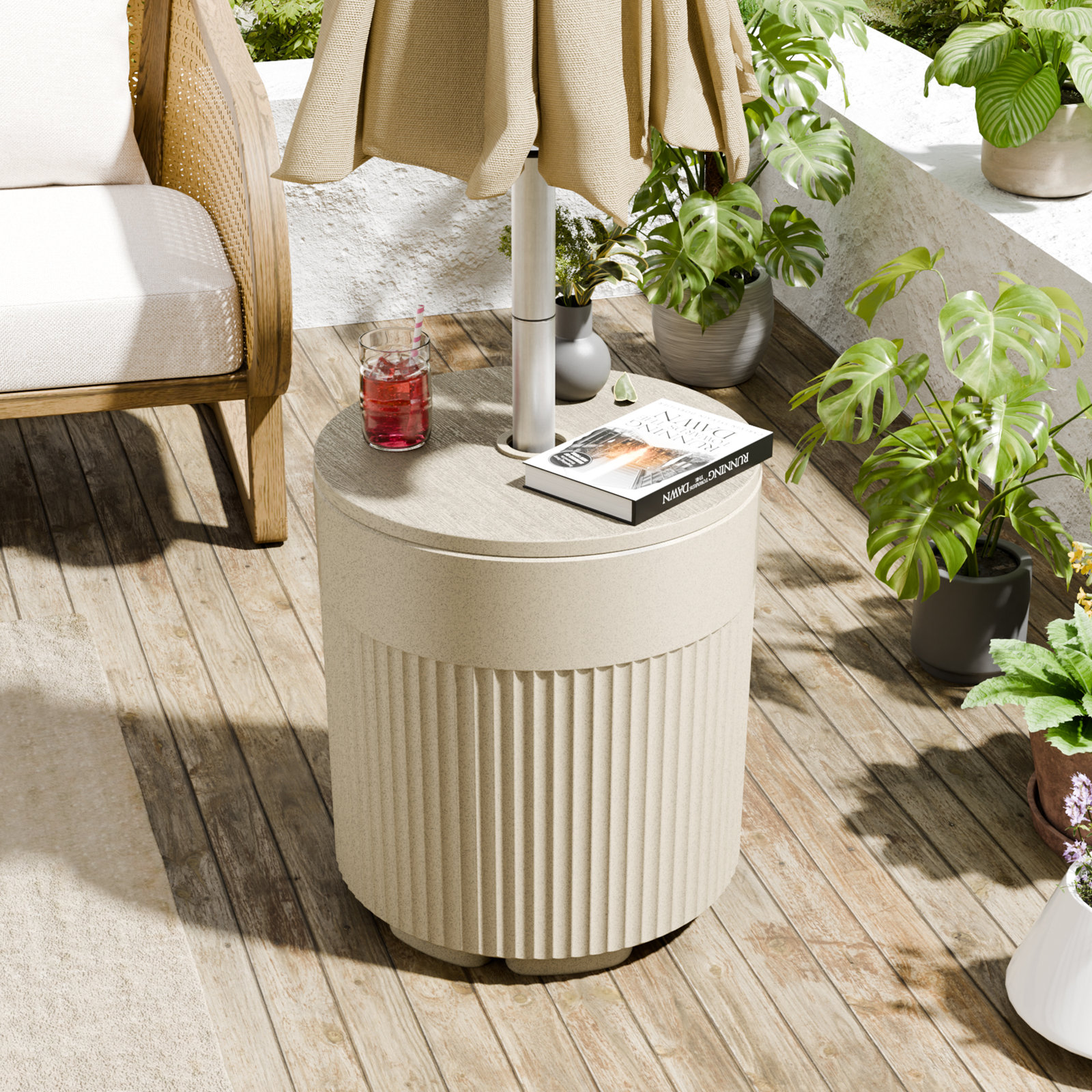 Modern Outdoor Patio Side Table Umbrella Base, 16.7" H x 14.8" W x 14.8" D, White