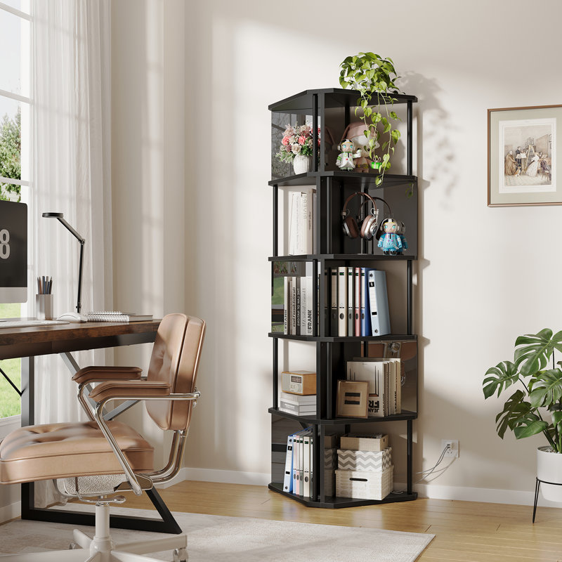 6-Tier Industrial Corner Bookshelf With LED Lights & Mirror Shelves For Living Room, Bedroom, Black