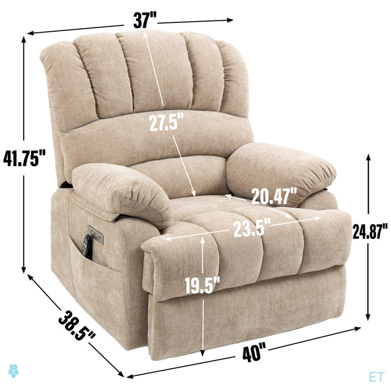 23" Seat Width And High Back Large Size Chenille Power Lift Recliner Chair With 8-Point Vibration Massage And Lumbar Heating