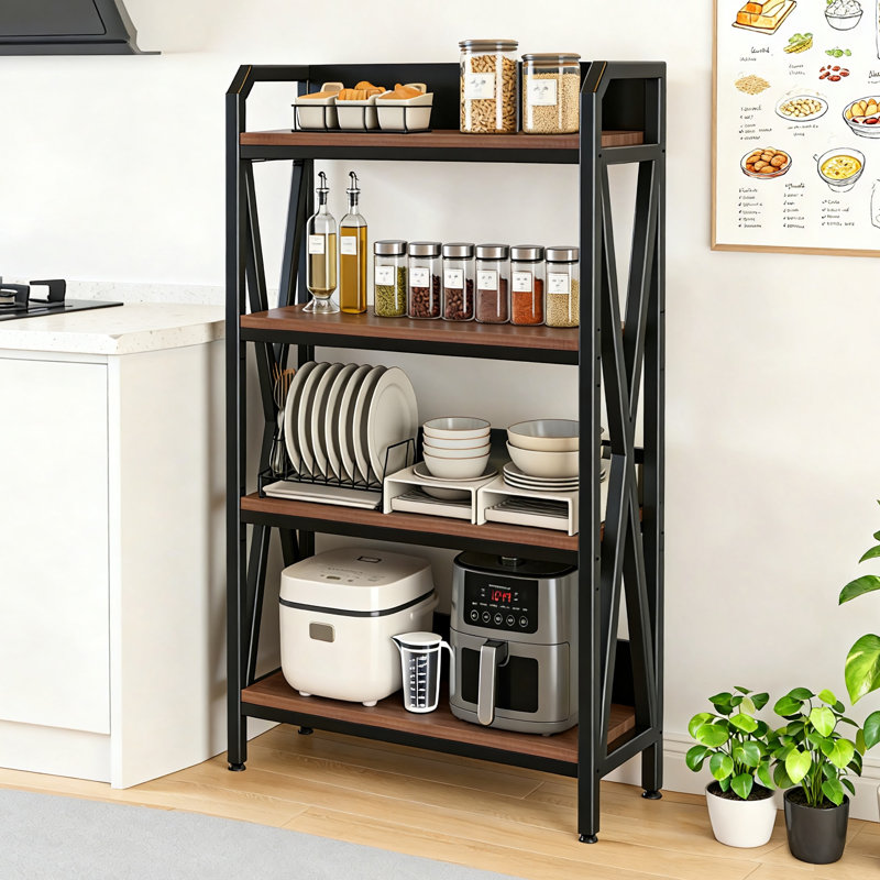 56.30'' Bakers Rack 4-Level Storage Shelves Metal And Wooden Kitchen Shelves, Kitchen Organizers And Storage, For Garage, Pantry, Bathroom, Closet ,33.50'' Length