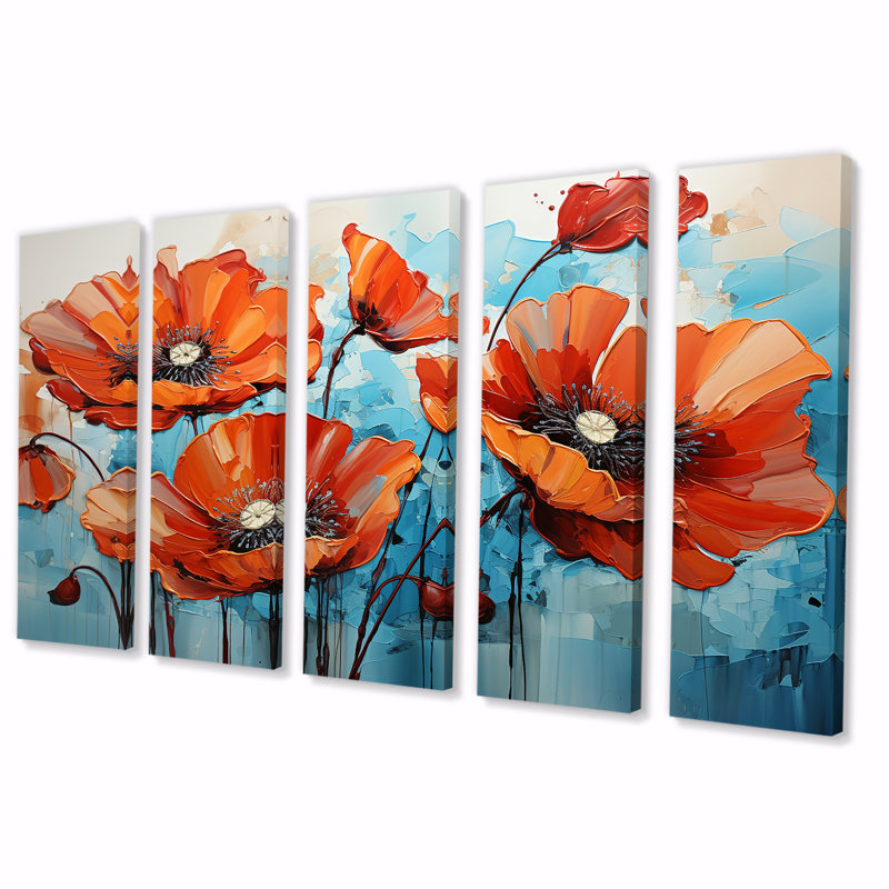 Orange et bleu «Poppy Meadow» - ensemble d'art mural 5 pièces coquelicots, H 32 po x l 80 po