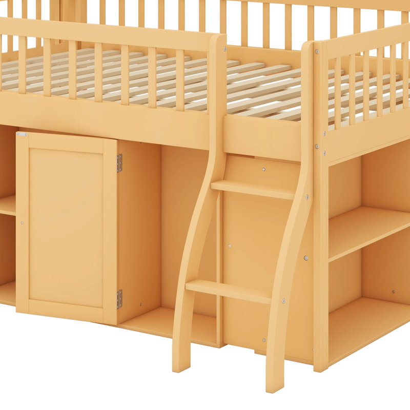 Full Low Loft Bed With Storage Headboard And LED Lights, Wooden Loft Bed Frame With Storage Shelves, Natural, Full