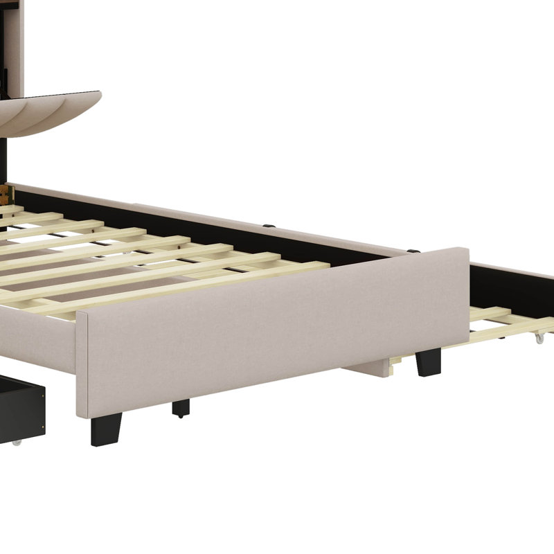 Lit plateforme tapissier double avec tête de lit Chinloy, lit gigogne simple et 2 tiroirs, Beige