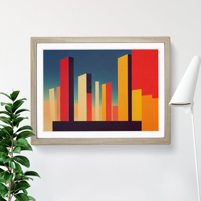 Pleasing Abstract City Skyline - Single Picture Frame Print, 46cm H x 64cm W x 2cm D, Oak Framed
