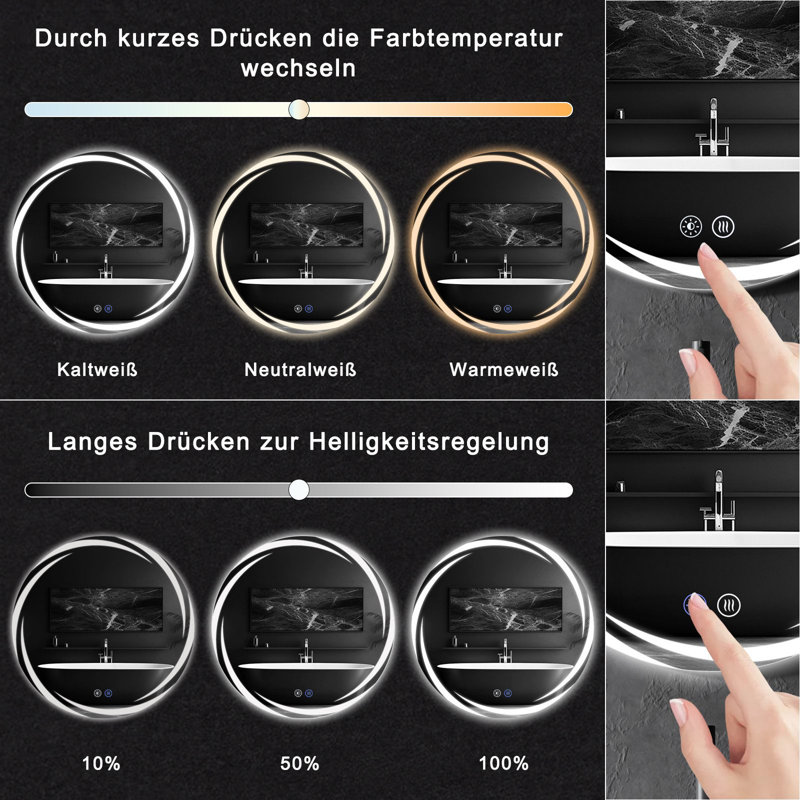 Wall mirror bathroom mirror round LED with lighting touch dimmable, 50 cm H x 50 cm W