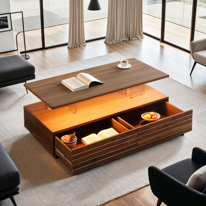 LED Lights Coffee Table with 2 Spacious Drawers,Multi-Colour Lighting, Walnut
