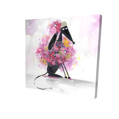 " Cartoon Dog With Pink Flowers " Painting Print