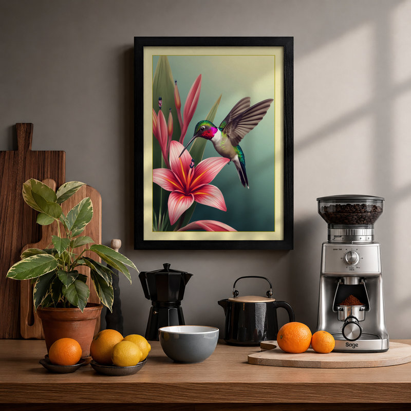 Hummingbird in Bloom Botanical - Framed Print, A4 - 29.7 x 21.0 cm, Black