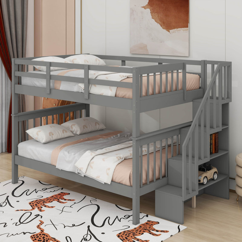 Lit superposé double avec barrière de sécurité et rangement, Gris