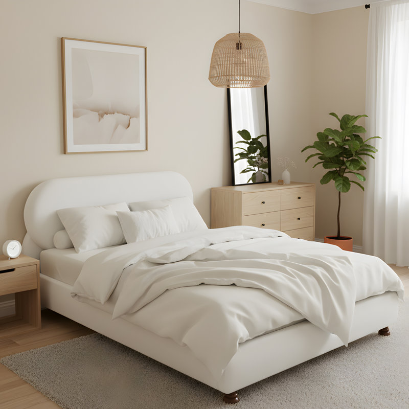 Lit tapissier crème avec pieds en bois d'hévéa crème, Très grand lit