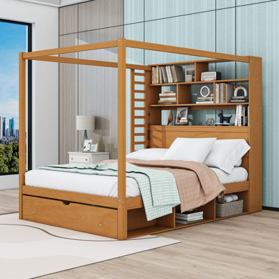 Wooden Canopy Storage Bed with Bookcase Headboard and LED Lights