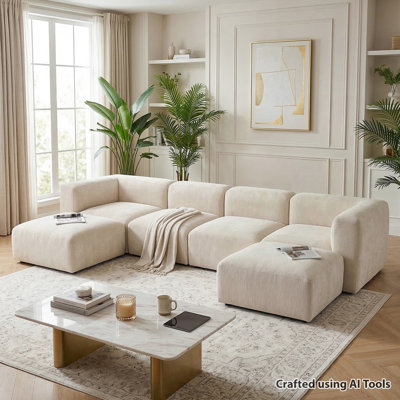 Chenille Modular Sectional Sofa with Deep Seat and 2 Ottomans
