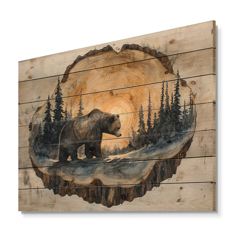 «Grizzly Bear Into The Winter Landscape I», impression sur bois d'ours - sur bois de pin naturel