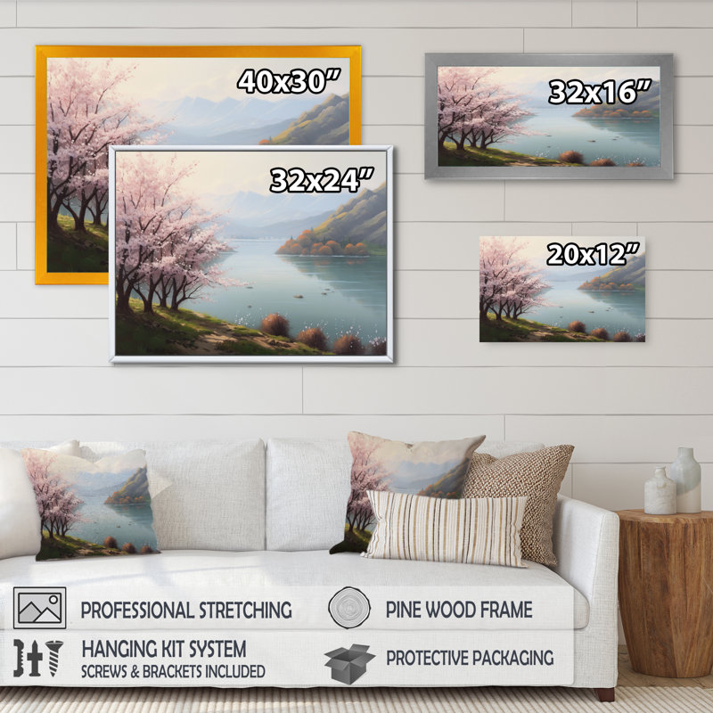 «Kerolos Cherry Blossom Trees» par The Water V sur toile, H 16 po x l 32 po x P 1 po, Cadre flottant noir