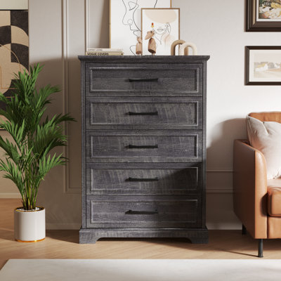 Farmhouse 5 Drawers Dresser Chests for Bedroom, 46" Tall Wood Rustic Chest of Drawers with Wide Metal Handle Latitude Run Color: Gray