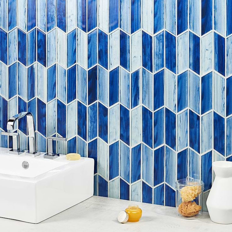 Maya 2x7 Chevron Polished Glass Mosaic Tile, Chevron Azur