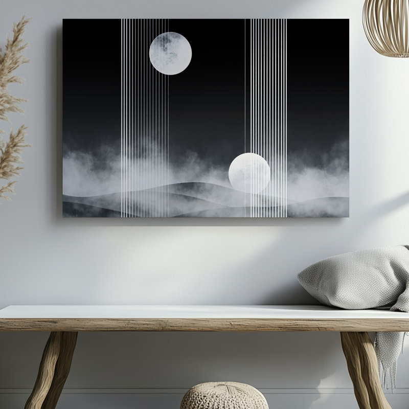 Reproduction d'art sur toile, "Monochromatique", avec deux grandes formes circulaires ressemblant à des lunes