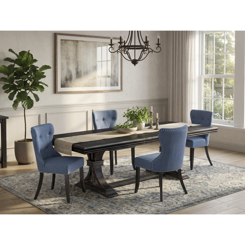 Cet ensemble de salle à manger 5 pièces Mid Century comprend une table de cuisine et 4 chaises de salle à manger en tissu de lin bleu avec dossier capitonné - Finition noire sablée