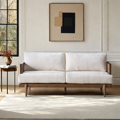Dayton 72" Mid-Century Modern Upholstered 3-Seater Sofa with Cane Rattan Arms, Rubberwood Frame for Living Room