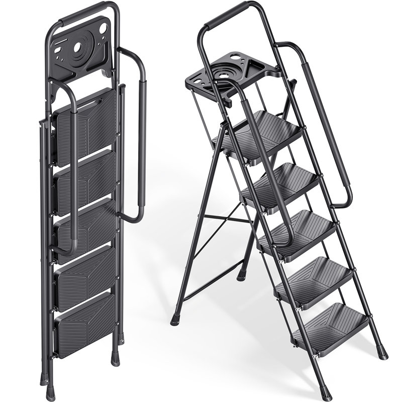 Échelle, échelle en métal capacité de charge testée 500 lb, escabeau pliable avec plateforme d'outils, échelle de bibliothèque, escabeau de cuisine décoratif