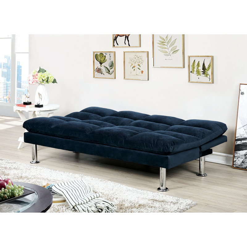 Navy Microfiber Contemporary Futon Converting To Bed, 2 - Seat, Made, Extra Support Leg, Good For Guests Seat Movie Watching Comfort