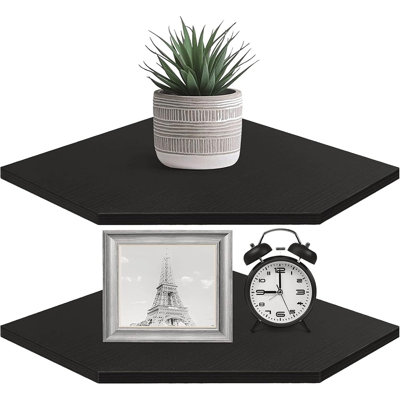 Ensemble de 2 étagères murales de coin flottantes – Étagères de rangement rustiques en bois avec passe-câbles, noires