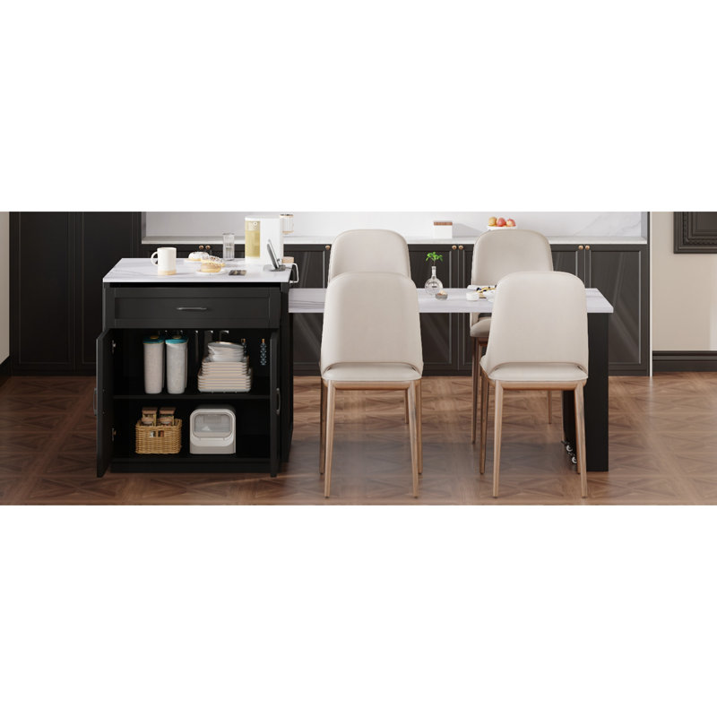 82.7" Kitchen Island with Extendable Dining Table for 4-6 Person,Faux Mable Kitchen Table with Double-sized Storage,Power Outlet,Kitchen island with Storage 2 Drawers 2 Side Open Shelves