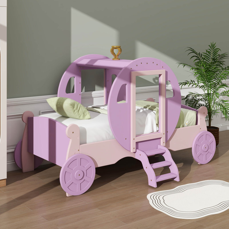 Twin-Sized Princess Carriage Bed With Crown, Wood Platform Car Bed With Steps, Purple/Pink
