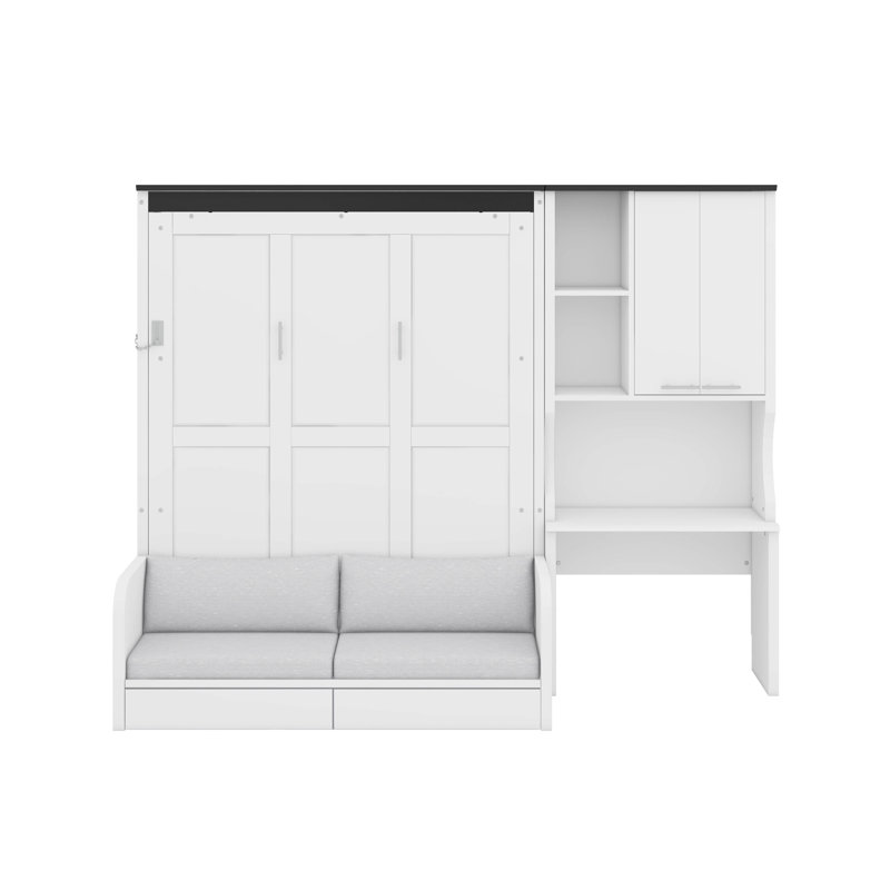 Lit escamotable double avec canapé, bureau et armoire de rangement, Lit double