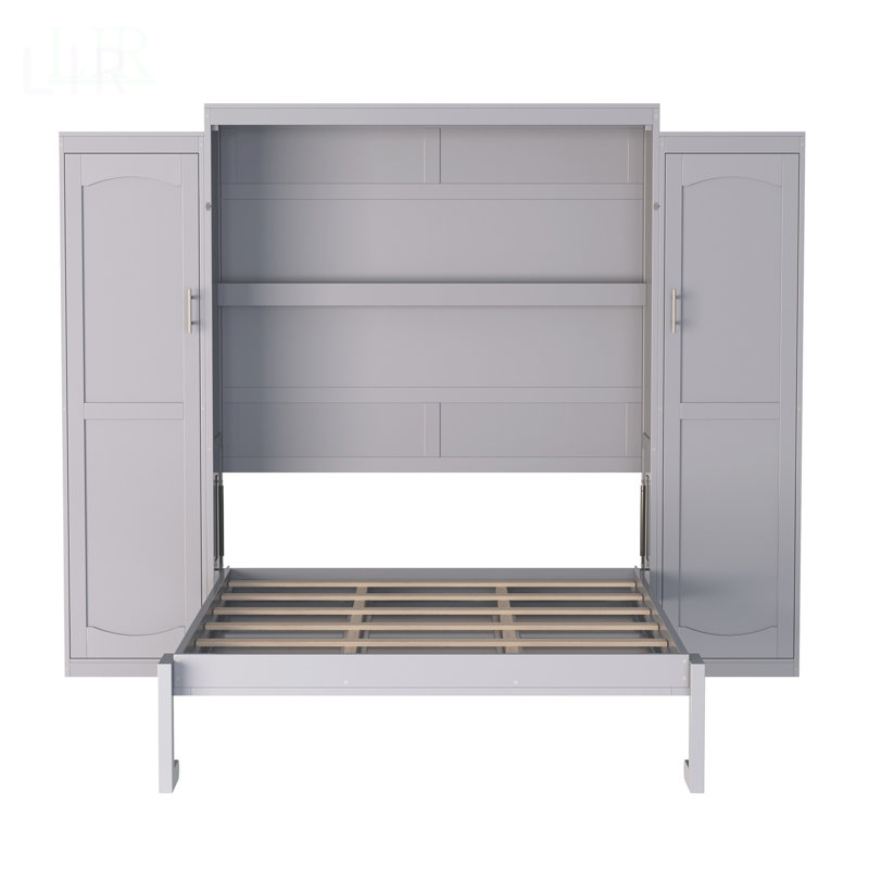 Lit escamotable double, lit escamotable en bois avec 2 garde-robes et tablette de rangement, plateforme pliable multifonctionnelle pour chambre d'amis, chambre à coucher