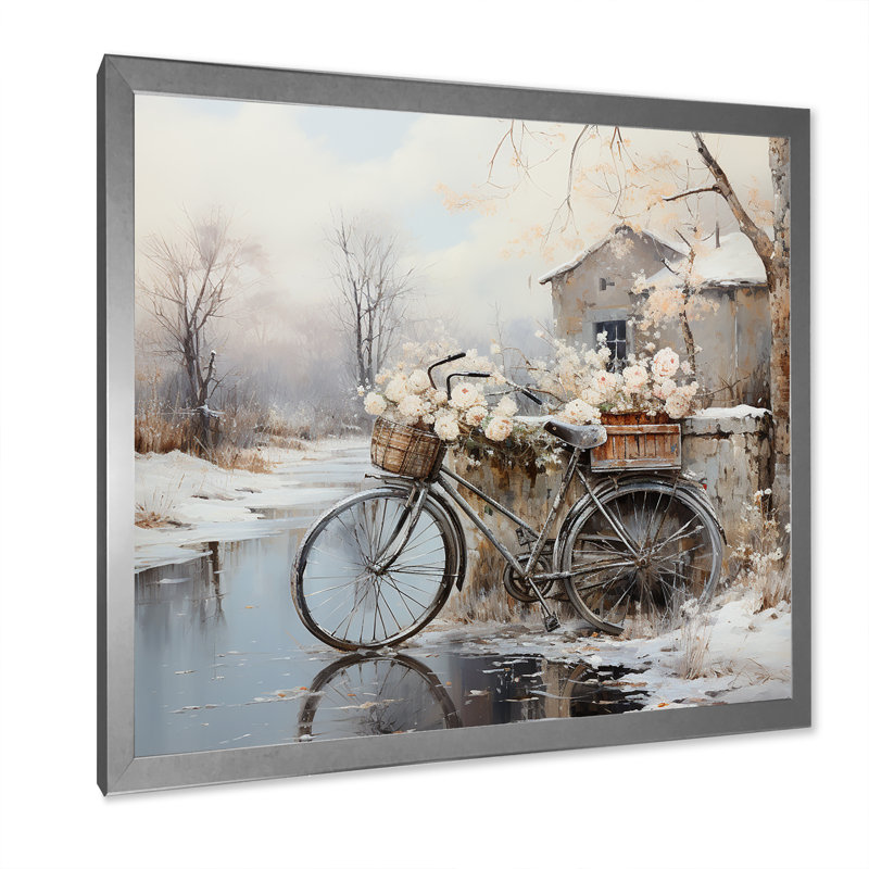 " Bicycle Charm In Winter ", 24" H x 24" W x 1" D, Silver Picture Framed