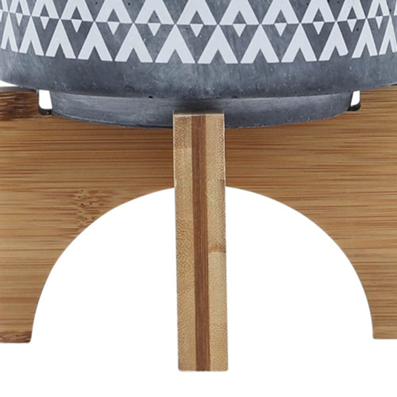 CERAMIC AZTEC PLANTER ON WOODEN STAND, GRAY, 6" H x 5" W x 5" D