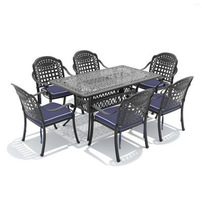 7-Piece Set Of Cast Aluminum Patio Furniture With Black Frame And Blue Seat Cushions