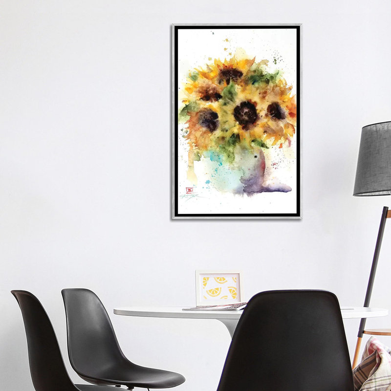 "Tournesol vase" par Dean Crouser, reproduction d’art, H 40 po x l 26 po x P 1,5 po, Encadrement argenté, Aucun mat