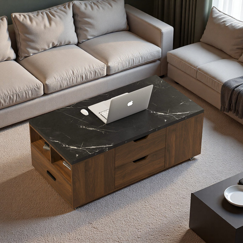 Table basse relevable moderne avec 2 tabourets, rangement caché et tiroirs