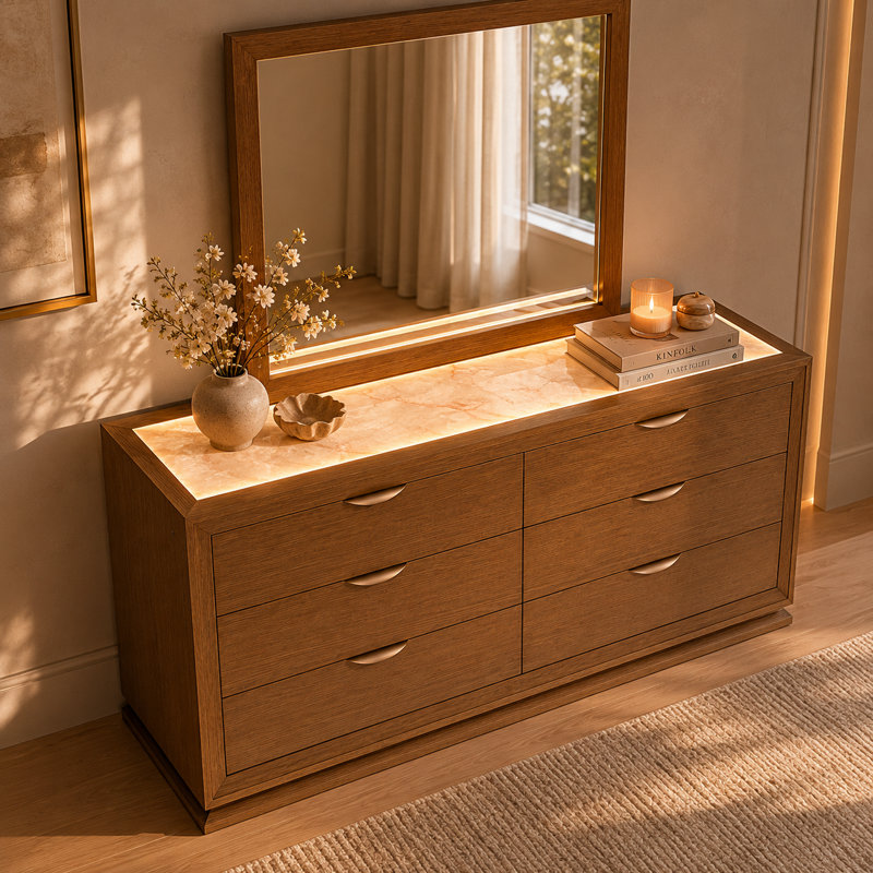 Commode Portrait avec miroir et éclairage DEL - Brun Sienne