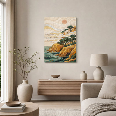 Tableau sur toile en bois superposé représentant des vagues de l'océan et des arbres à flanc de falaise