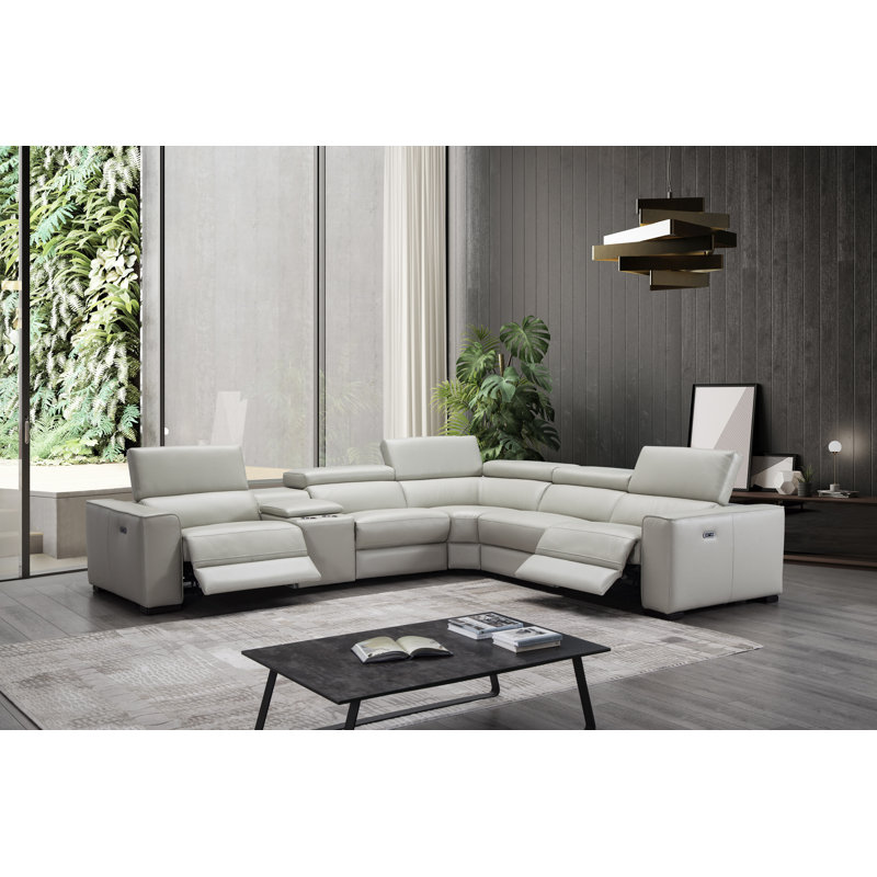 Graddy Upholstered Power Reclining Sectional Reversible, Silver Gray Genuine Leather