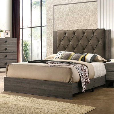 Contemporary 1pc King Size Bed Bedroom Furniture Tufted Design Headboard Rubberwood 1pc Bedframe Gray Finish